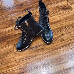 ANTONIO MELANI Black Lace-Up Combat Boots with Side Zip and Stud Trim